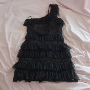 BCBGMAXAZRIA Rene Black One-Shoulder Cocktail Dress feat Tiered Tulle Tuffe